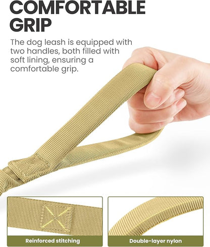 OutdoorMaster Bungee Dog Leash, Heavy Duty Dog Leash with Shock Absorption, 2 Padded Handles Training Leash,1 Seat Belt Clip, Improved Dog Safety and Comfort - Khaki Upgraded, 6 FT