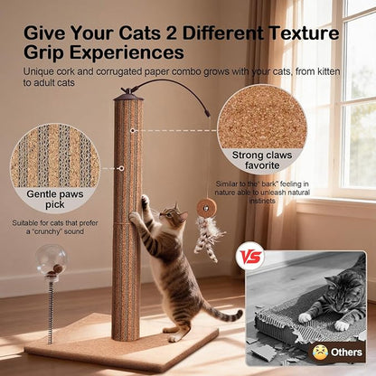 Cat Scratching Post Cork & Cardboard Mix with Heavey Duty Solid Wood Base, Indoor 26" Premium Durable Nature Kitten Scratch Post Tree with Snack Ball & Feather Interactive Toys for Kittens & Adult
