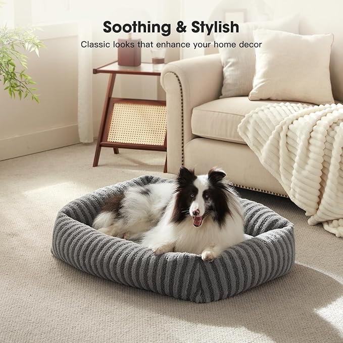 MIXJOY Dog Bed Medium Size Dog, Washable Medium Dogs Bed with Removable Cover, Soft Rectangle Doggy Ded Fluffy Plush Faux Fur Pet Bed with Anti-Slip Bottom, 30"x24"x8", Grey