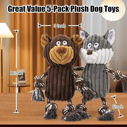 5 Pack Large Dog Squeaky Toys,Tough Stuffed Plush Dog chew Toys Assortment,Durable Plush Animal Dog Toys with Tug of War Rope to Keep Them Busy, Puppy Toys Value Bundle for Small Medium Large Dogs