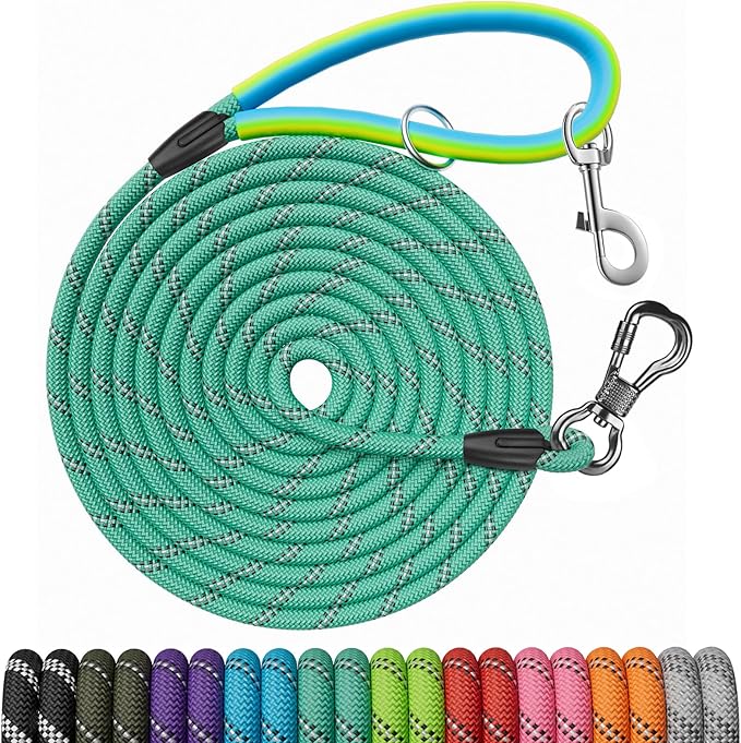 Long Dog Leash for Dog Training 10FT/15FT/20FT/30FT/40FT/50FT/100FT Reflective Leash with 2 Hooks, Heavy Duty Dog Lead for Large Medium Small Dogs Outside Walking Camping Yard,Teal 100FT