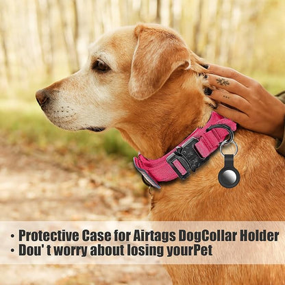 Tactical Dog Collar and Bungee Leash,Military Dog Collar & Leash Set with USA American Flag Adjustable K9 Collar with Heavy Duty Metal Buckle & Handle,with Patches and Airtags Case (Pink, M)
