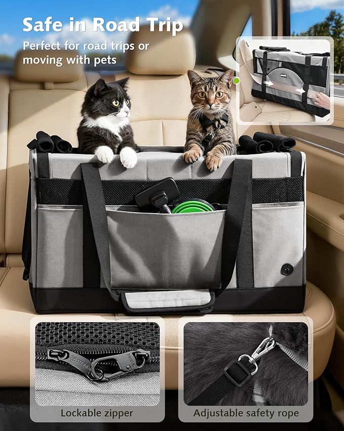 Pecute Large Cat Carrier for 2 Cats Built-in Steel Frame & Removable Divider,Pet Carrier for Car Travel,Foldable Dog Crate,Soft Double Cat Crate with Breathable Mesh,Vet,Gray