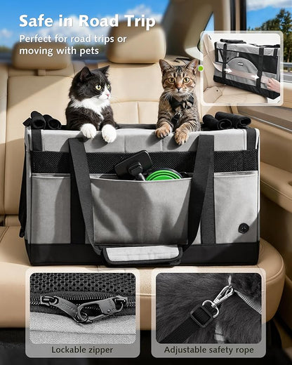 Pecute Large Cat Carrier for 2 Cats Built-in Steel Frame & Removable Divider,Pet Carrier for Car Travel,Foldable Dog Crate,Soft Double Cat Crate with Breathable Mesh,Vet,Gray