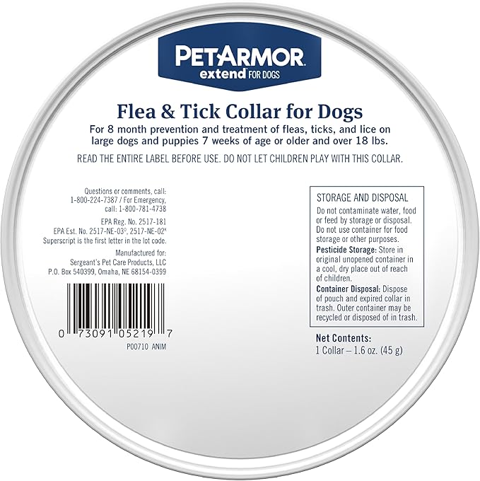 PetArmor Extend Flea & Tick Treatment & Prevention Collar for Large Dogs Above 18 lbs., 8 Months of Protection, Odorless & Non-Greasy, Waterproof, Kills Fleas, Ticks, and Flea Larvae, 1 Count