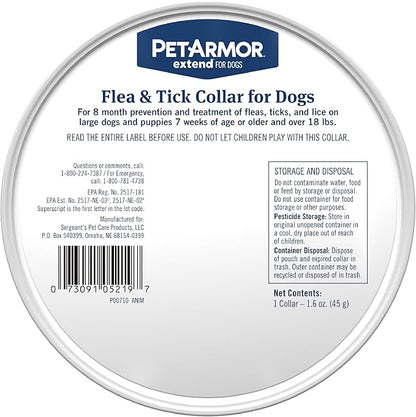 PetArmor Extend Flea & Tick Treatment & Prevention Collar for Large Dogs Above 18 lbs., 8 Months of Protection, Odorless & Non-Greasy, Waterproof, Kills Fleas, Ticks, and Flea Larvae, 1 Count