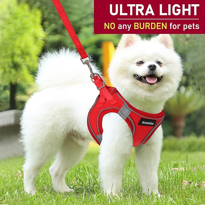 GAMUDA Small Pet Harness Collar and Leash Set, Step in No Chock No Pull Linen Fabric Soft Mesh Dog Vest Harnesses Reflective for Dogs Puppy Cats Kitten Rabbit (Red, XXS)