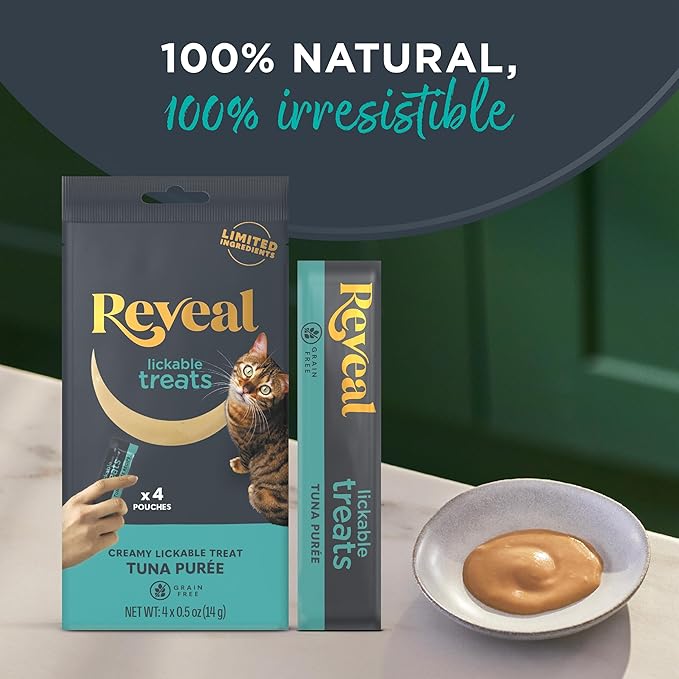 Reveal Natural Lickable Purée Cat Treats, Grain Free and Made with Limited Ingredients, Tuna Recipe Squeeze Up Cat Treats (40 x 0.5 oz Pouches)