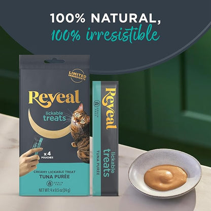 Reveal Natural Lickable Purée Cat Treats, Grain Free and Made with Limited Ingredients, Tuna Recipe Squeeze Up Cat Treats (40 x 0.5 oz Pouches)