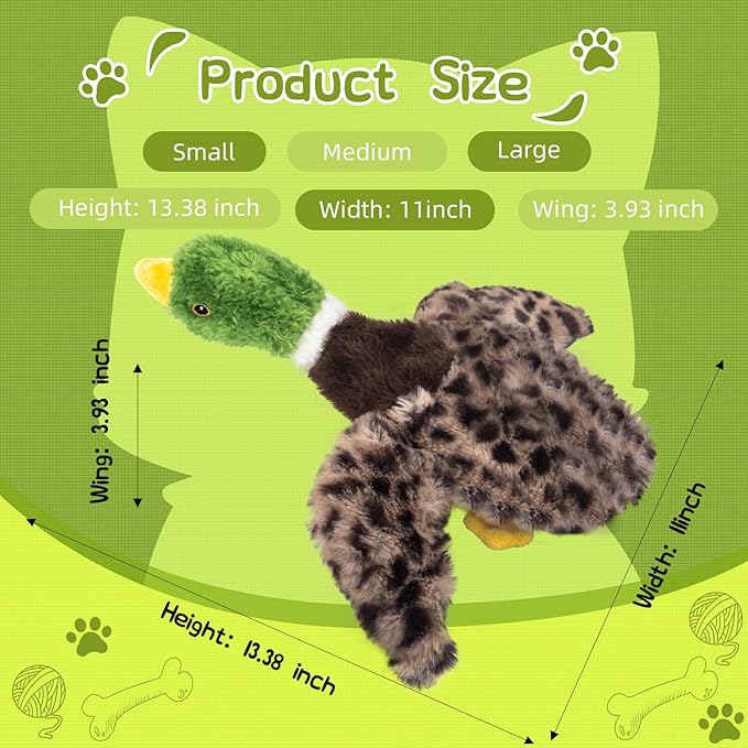 Calibonbon Duck Dog Squeaky Toy for Aggressive Chewers - No Stuffing Durable Plush with 4 Squeakers & Crinkle Wings, Chew Proof Puppy Toys for Small Medium Large Dogs (Green & Brown)