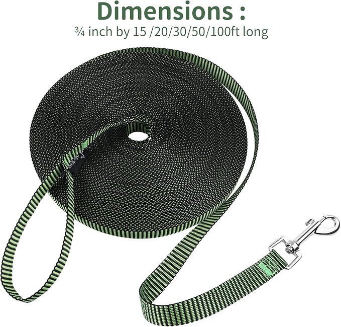 Hi Kiss Dog/Puppy Obedience Recall Training Agility Lead - 15ft 20ft 30ft 50ft 100ft Training Leash - Great for Training, Play, Camping, or Backyard(15ft,Black_Green)