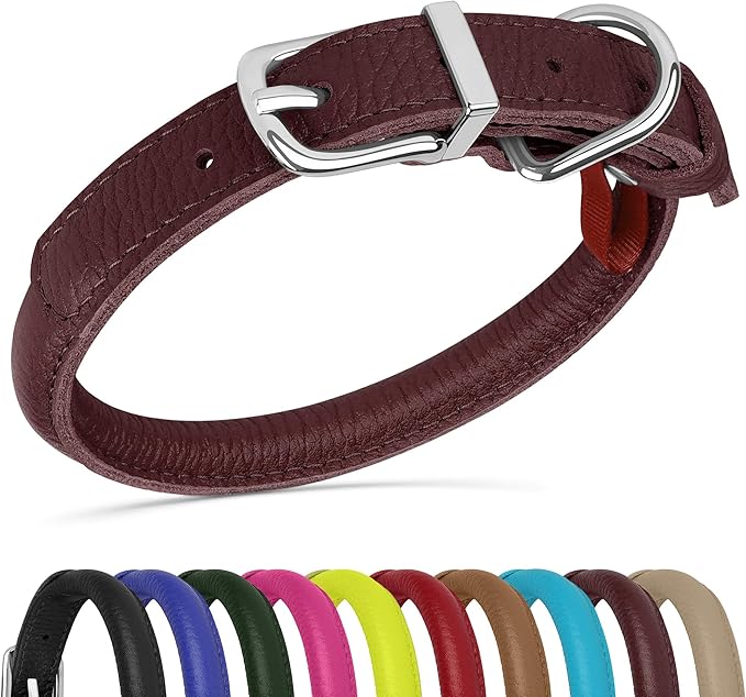 OOPSDOGGY Rolled Leather Dog Collar Soft Roll Collars for Small Medium Large Dogs Puppy (Burgundy, XS, 8"-11")