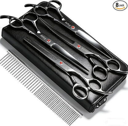 Dog Grooming Scissors Kit, Fcysy Professional Pet Hair Cutting Shears Set with Curved & Straight Blades Scissors Thinning Shears– Stainless Steel Grooming Tools for Dogs & Cats at Home