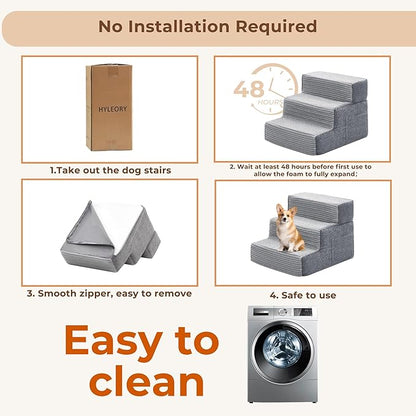 HYLEORY Dog Stairs for Bed 22.5''H, 5-Step Pet Stairs for Small Dogs Cats, Sturdy Pet Steps with Non-Slip Bottom, Functional Portable Dog Ramp for Couch/Chair/Sofa/Car, Storage Pocket, Light Grey-Grey