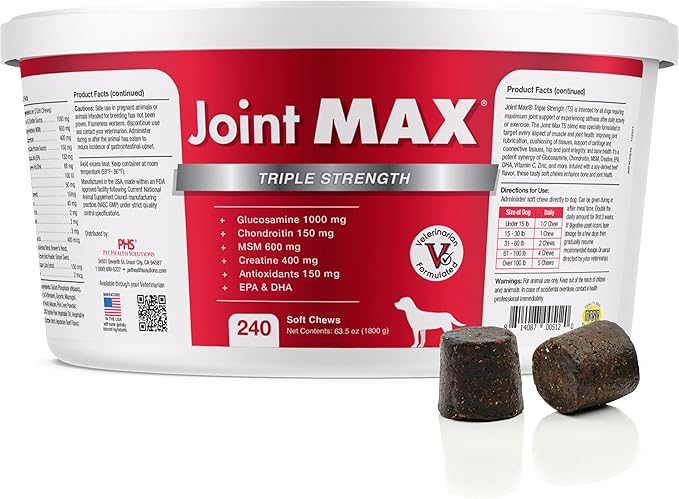 Joint MAX TS Joint Supplement Vet Formulated Pain & Inflammation Relief Treats Hip Dysplasia & Arthritis.Glucosamine, Chondroitin, Turmeric, MSM, HA, Creatine, Omega 3 EPA+DHA. All Dogs 240 Soft Chews