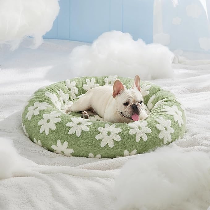 Lesure Shown on TV Donut Medium Dog Bed - Round Cat Beds Indoor Present for Calming Pets with Washable Cover, Home Decor Cute Modern Beds with Jacquard Shaggy Plush & Anti Slip Bottom, 30 Inch, Green