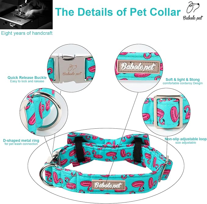 Summer Dog Collar with Bow Tie, Cute Flamingo Float Bowtie Dog Collar, Durable Adjustable Cotton Pet Collar for Small Medium Large Dogs XS