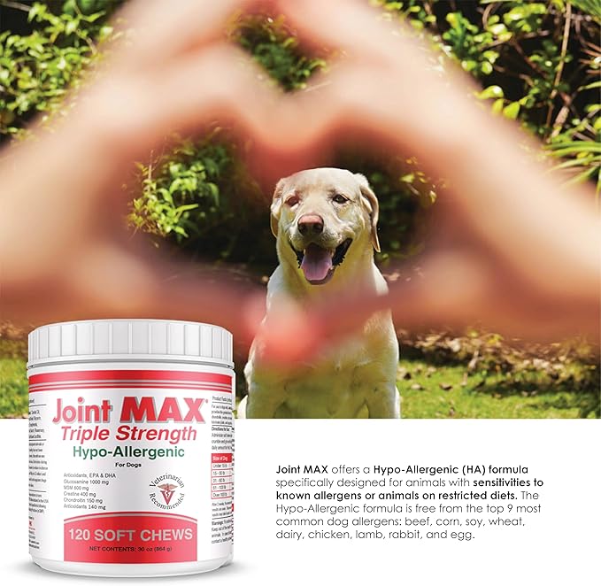 Joint MAX Triple Strength Hypo-Allergenic Soft Chews for Dogs - Hip and Joint Support Supplement with Glucosamine, Chondroitin, & MSM - Made in The USA - 120 Soft Chews