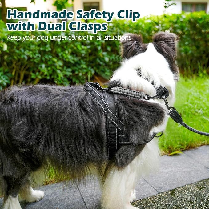 PetBonus Dog Collar Safety Clip, Handmade Backup Safety Strap for Dog Harness, Prong, Pinch Collar, Double Ended Clasp Leash Connector (Grey)