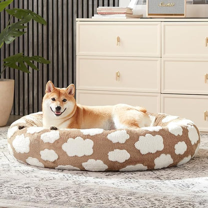JOEJOY Donut Large Dog Bed, Cute Round Calming Dog Bed with Removable Washable Cover, Orthopedic Pet Beds with Jacquard Shaggy Plush & Non Skid Bottom, Black