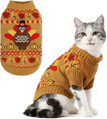 KOOLTAIL Thanksgiving Cat Sweater Turtleneck - Soft Knit Cat Sweaters for Cats Only, Turkey Pattern Thick Warm Winter Cold Weather Pet Clothes for Small Medium Large Kitten Puppy Boys Girls, Brown L