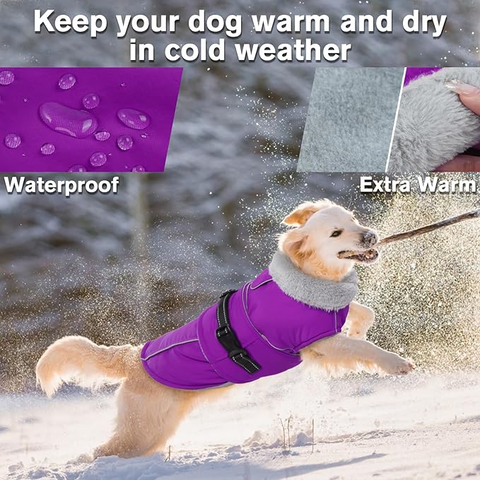 Lelepet Warm Dog Winter Coats for Medium Dogs Waterproof Dog Jacket Reflective Pet Fleece Vest Windproof Cold Weather Coats with Adjustable Buckle & Leash Hole, Purple, M