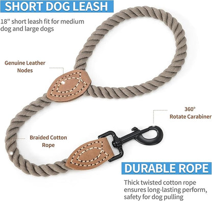 Mile High Life Short Dog Leash, Braided Cotton Rope Leashes with Leather Tip - Heavy Duty Metal Clasp, 18IN, 1/2" Thick - Wedding, Walking & Training Leash for Medium Large Dogs
