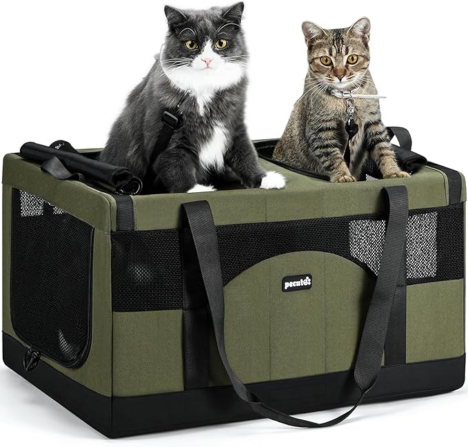 Pecute Large Cat Carrier for 2 Cats Built-in Steel Frame & Removable Divider,Pet Carrier for Car Travel,Foldable Dog Crate,Soft Double Cat Crate with Breathable Mesh,Vet,Green