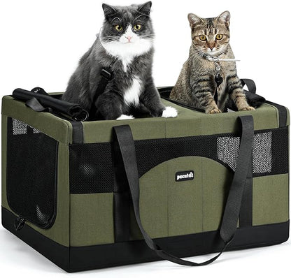 Pecute Large Cat Carrier for 2 Cats Built-in Steel Frame & Removable Divider,Pet Carrier for Car Travel,Foldable Dog Crate,Soft Double Cat Crate with Breathable Mesh,Vet,Green