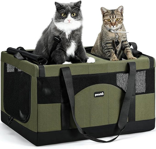 Pecute Large Cat Carrier for 2 Cats Built-in Steel Frame & Removable Divider,Pet Carrier for Car Travel,Foldable Dog Crate,Soft Double Cat Crate with Breathable Mesh,Vet,Green