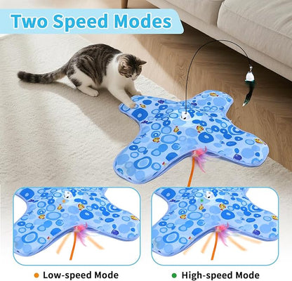 DFQ Interactive Cat Toy,3 in 1 Hide and Seek for Indoor Cats, Rechargeable Touch-Activated Moving Feather Wand with Concealed Motion, Play Toy for Kittens and Adult Cats (Blue)
