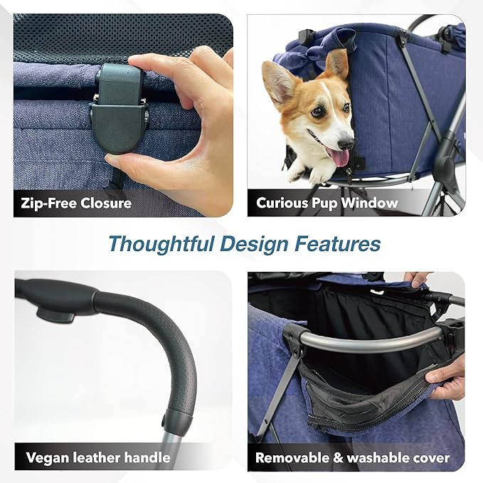 ibiyaya Maxi Deep Carriage Pet Stroller for Cats and Small Dogs – Flat-Free Rubber Wheels, One-Hand Fold, Extra-Tall Cabin (Royal Blue)