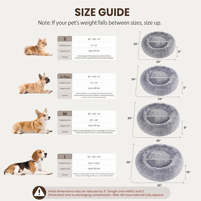 Warmrest Donut Dog Bed Medium Size Dog 30 Inch, Round Cat Beds for Small Medium Dogs and Cats with Washable Fluffy Faux Fur, Cute Comfort Pet Bed with Anti-Slip Bottom, Grey