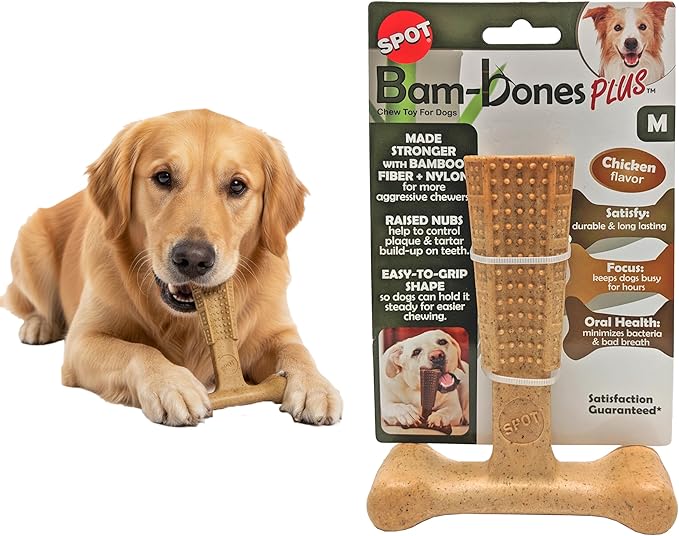 SPOT Bam-Bones Plus T-Bone, Bamboo Fiber & Nylon Dog Chew, Durable for Aggressive Chewers, Non-Splintering, for Adult Dogs & Teething Puppies Under 60lbs, 6in, Chicken Flavor