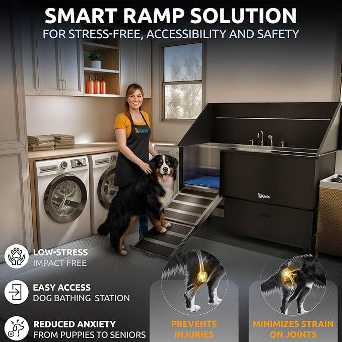 KANIS Professional Dog Washing Station - 304 Stainless Steel Pet Wash Sink & Grooming Bathtub w/Shower, Floor Grates and Storage for Large, Medium & Small Pets (61, Black 1 Drawer - Left RAMP)