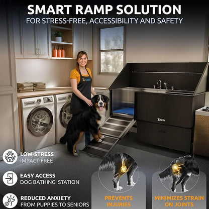 KANIS Professional Dog Washing Station - 304 Stainless Steel Pet Wash Sink & Grooming Bathtub w/Shower, Floor Grates and Storage for Large, Medium & Small Pets (61, Black 1 Drawer - Left RAMP)