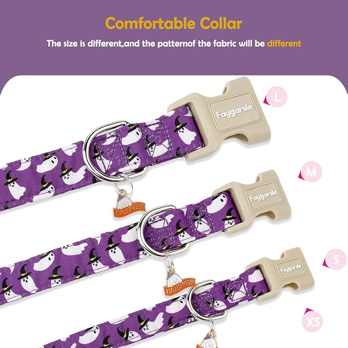 Faygarsle Halloween Dog Collar with Charm, Purple with Ghost Pattern, Adjustable Pet Collar for Small Medium Large Dogs,M