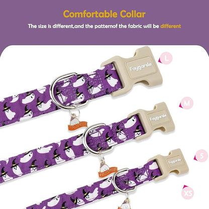 Faygarsle Halloween Dog Collar with Charm, Purple with Ghost Pattern, Adjustable Pet Collar for Small Medium Large Dogs XS