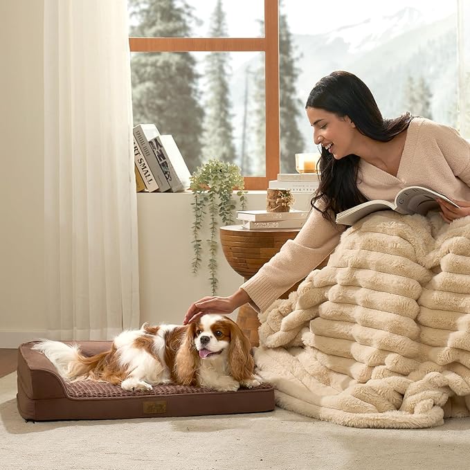 COZY KISS Orthopedic Dog Bed for Medium Small Size Dog, Dogs Crate Bed, L Shaped Foam Anti-Slip Bottom Pet Cat Sofa with Washable Removable Cover, Suitable for Pet Up to 40 lbs, 30x20x6.5 inch, Brown