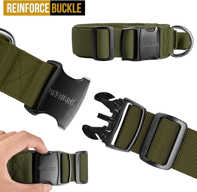 OneTigris Tough Dog Collars, Tactical Dog Collar with Handle, Milltary Adjustable Dog Collar with Heavy Duty Metal Buckle for Training (Large(Pack of 1), Green)
