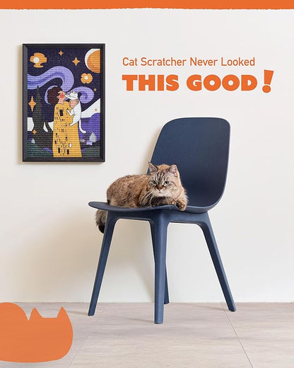 Decorative Wall Art Cat Scratcher for Vertical Scratching, 14"x20" Framed Sisal Scratch Pad Mat with Renter-Friendly No-Drill Wall Mounted Setup, Durable Alternative to Cardboard (Not The Kiss)