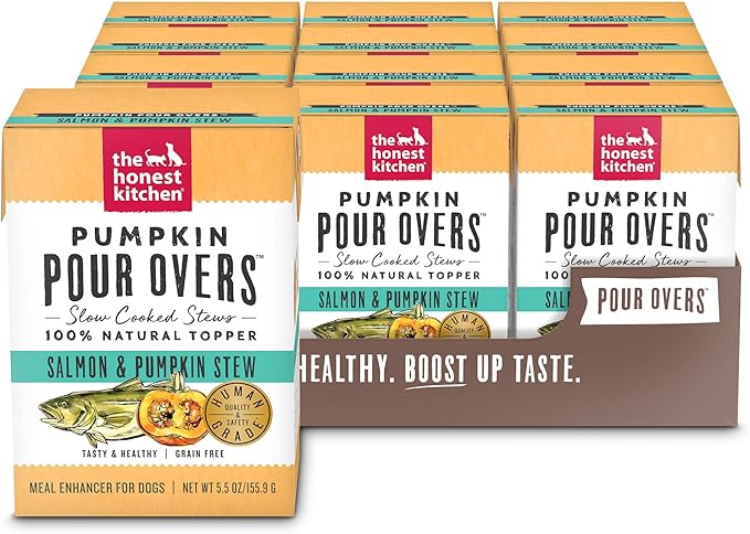 The Honest Kitchen Human Grade Pumpkin POUR OVERS Wet Toppers for Dogs (12 Pack), 5.5 oz - Salmon Stew