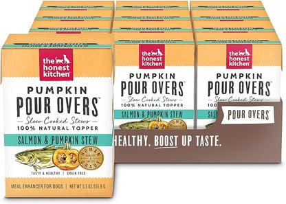 The Honest Kitchen Human Grade Pumpkin POUR OVERS Wet Toppers for Dogs (12 Pack), 5.5 oz - Salmon Stew