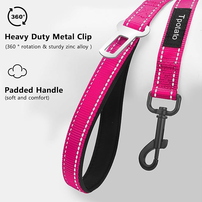 6 Foot Fuchsia Dog Leashes for Large Medium and Small Breed Dogs That Pull,Reflective Nylon Heavy Duty Dog Leash with 2 Comfortable Padded Traffic Handles and Car Seat Belt for Walking and Training