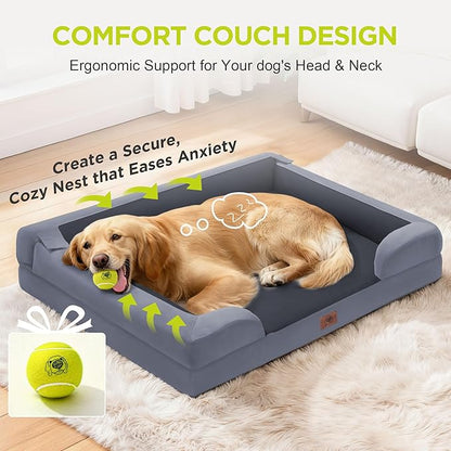 Orthopedic Dog Beds for Large Medium Dogs, Big Waterproof Memory Foam Pet Couch Bed with Removable Washable Cover, Tennis Ball Toy, 36x27