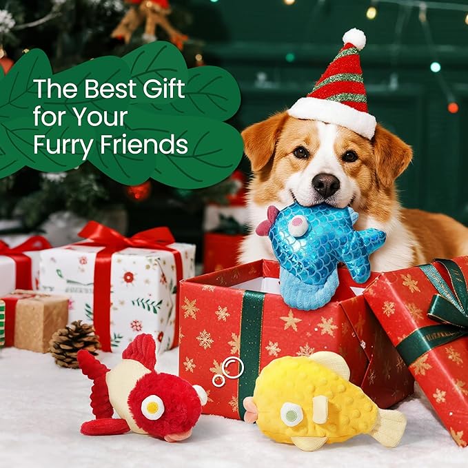 Nocciola Tough Dog Toys, Squeaky Dog Toys to Keep Dogs Busy with Two Resistant Layer & Crinkle Sound, Googly Eyed Fish Gang Puppy Teething Toys for Small, Medium, Large Breeds