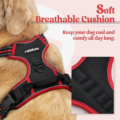 rabbitgoo Dog Harness No Pull with 2 Leash Clips, Adjustable Soft Padded, Reflective Oxford No Choke Pet Vest with Easy Control Handle for Large Dogs, Black & Red, L