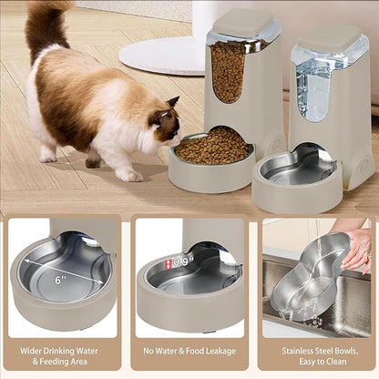 2 Pack Automatic Cat Feeder and Stainless Steel Water Dispenser, Gravity Dog Waterer Set Food Feeder and Waterer Set for Small Medium Kitten Puppy Pets(1 Gallon x 2, Brown)