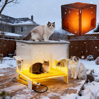 Weatherproof Outdoor Cat House, Feral Cat Insulated Heated Outside Plastic Cat House, Elevated Stray Feral Cat Shelter with Escape Door, Easy Assemble, Expansive Interior‌