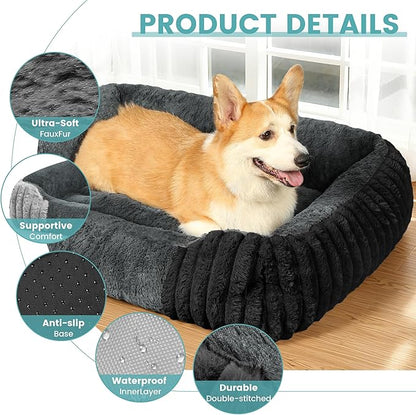 Dog Beds for Extra Large Dogs 43x35 Inch, Comfort-Sided Orthopedic XXL Dog Bed Couch with Breathable Shredded Memory Foam, Faux Rabbit Fur Pet Bed, Non-Detachable, Non-Slip, Machine Washable